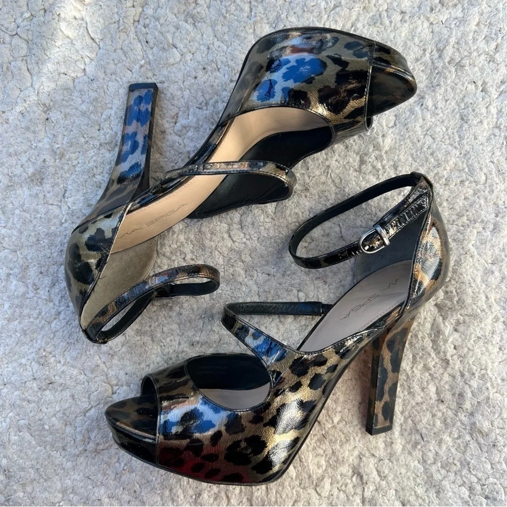 Via Spiga: Metallic Leopard Print Peep Toe D'Orsay Ankle Strap Platform Heels